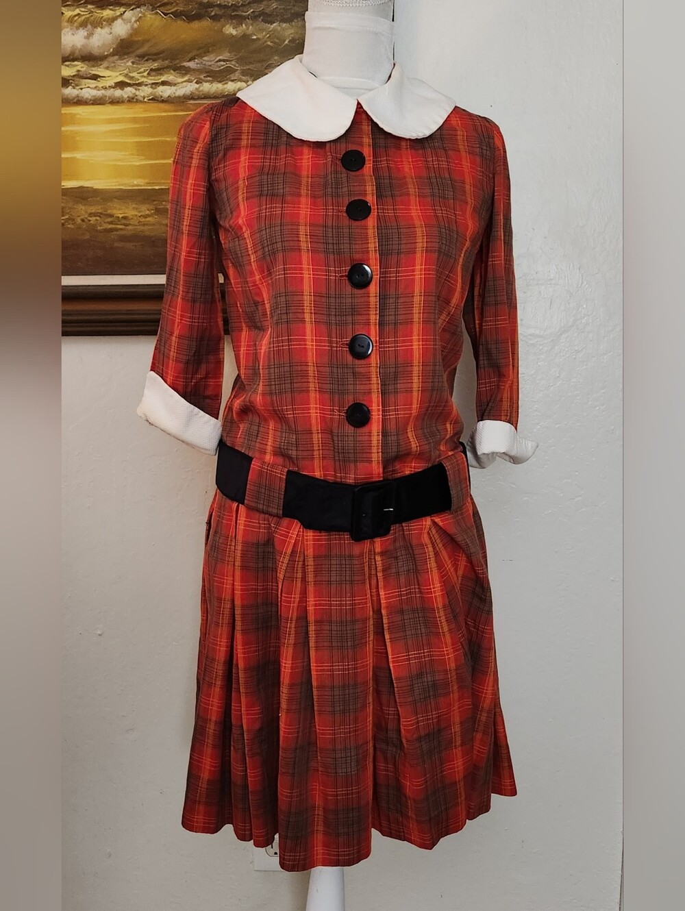Vintage 1960s Red Plaid Drop Waist Button Front Belted Pleated Dress - Picture 4 of 15